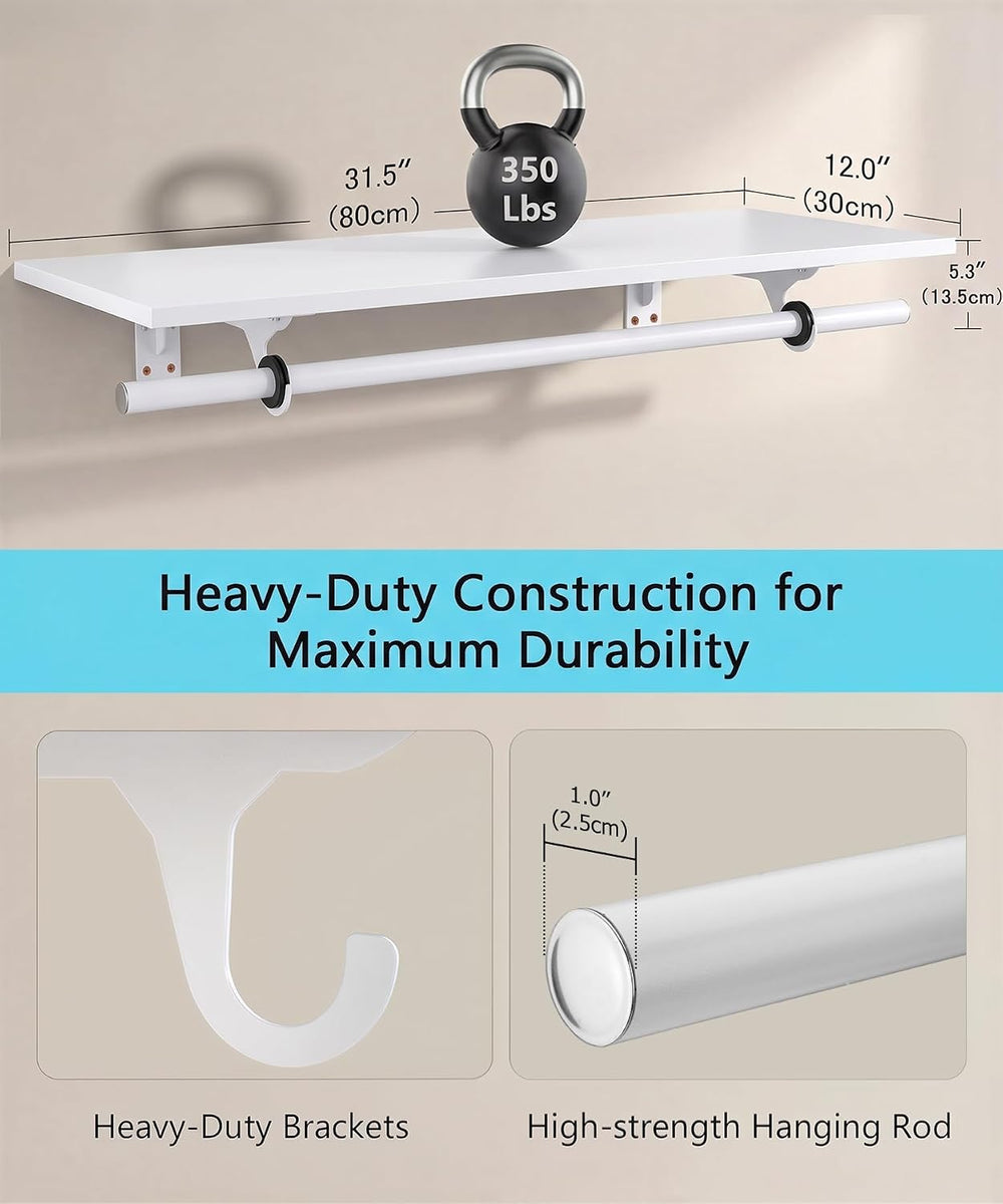 Wall Mounted Clothes Rack, with Top Shelf and Hanging Rod, Heavy Duty (White,...