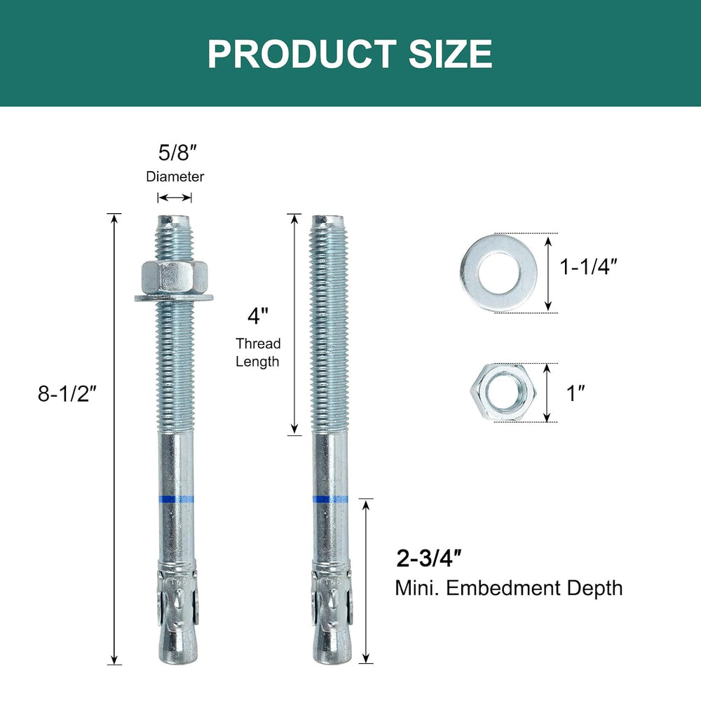 5/8" x 8-1/2" Concrete Anchors (10 Pack) 5/8 inch Wedge Anchors Bol...