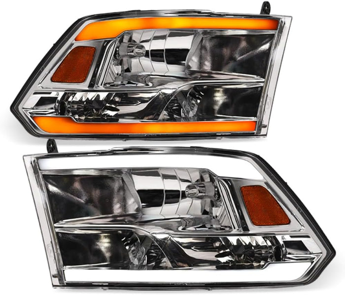 Switchback Sequential LED Strip Tube Bar Chrome Housing Crystal Headlights Signal Lamps Amber Reflector nb Compatible With 09-18 Dodge Ram 1500/19-24 Classic / 10-18 2500 3500