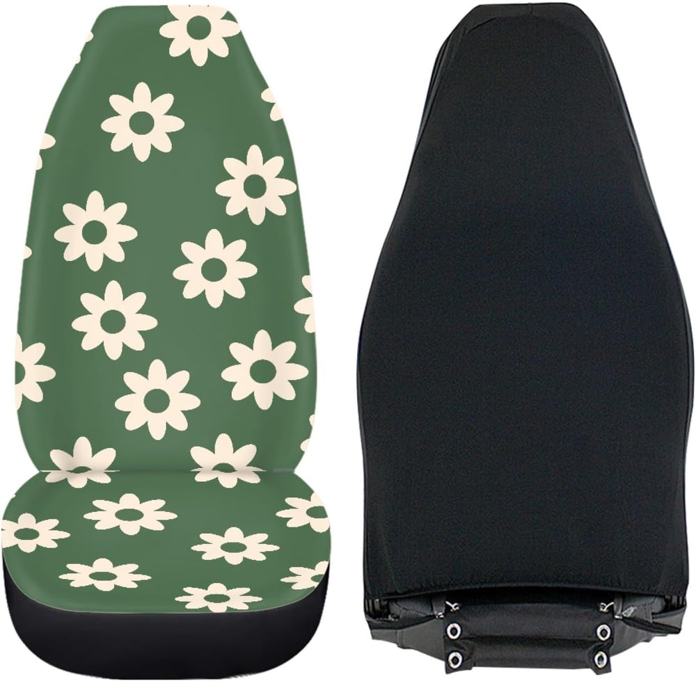Green Groovy Flower Auto Seat Cover Set 2 Pack,Hippie Floral Car Front Seat C...