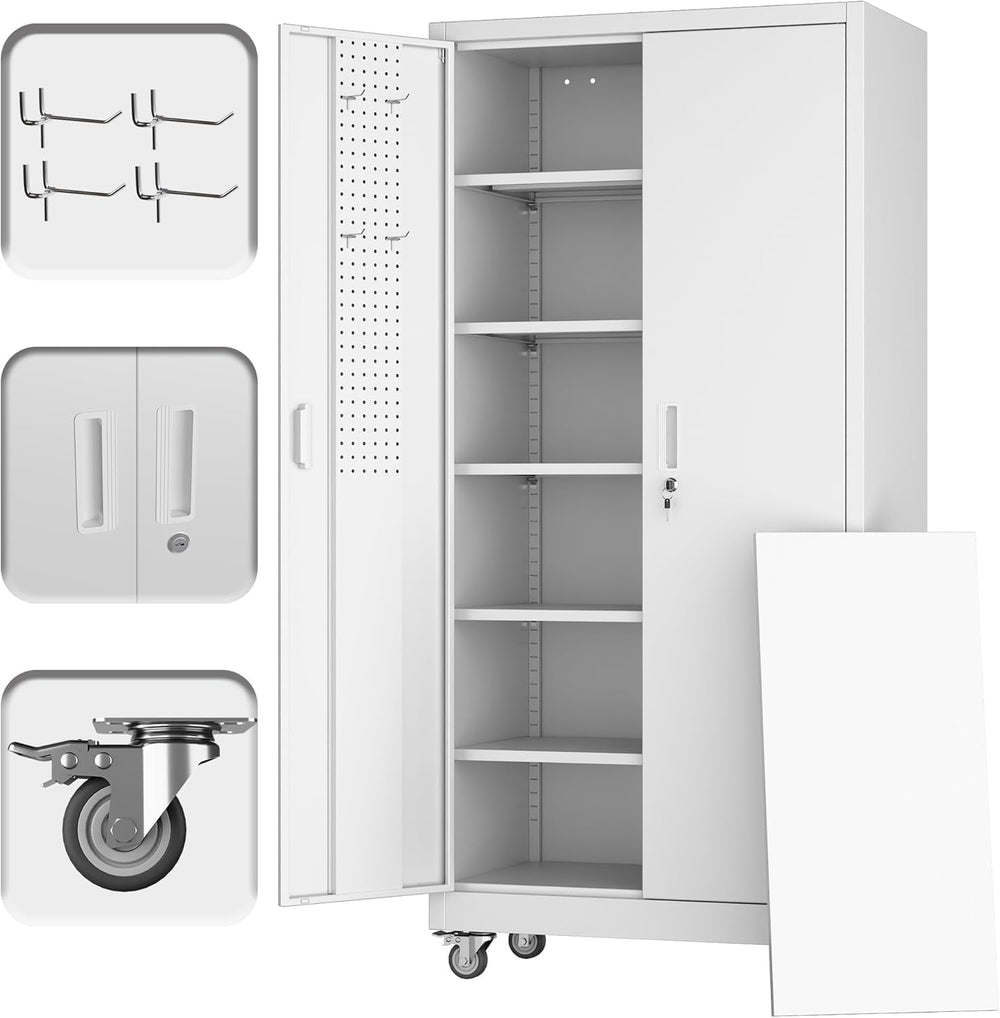 71"H rolling steel cabinet with 5 adjustable shelves, pegboard,White
