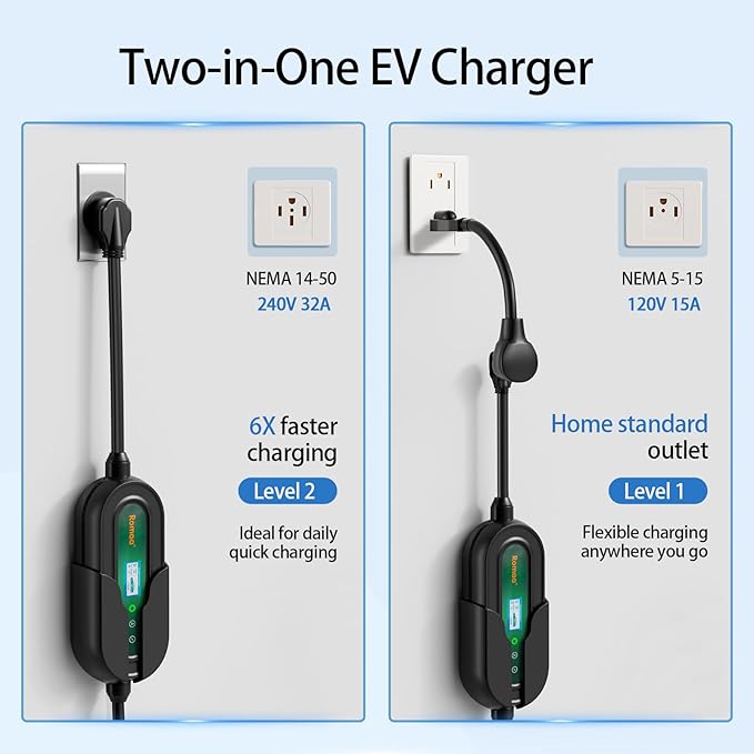 Level 2 EV Charger w/App Control: 32A 240V 7.68kW Fast Charging, NEMA 14-50