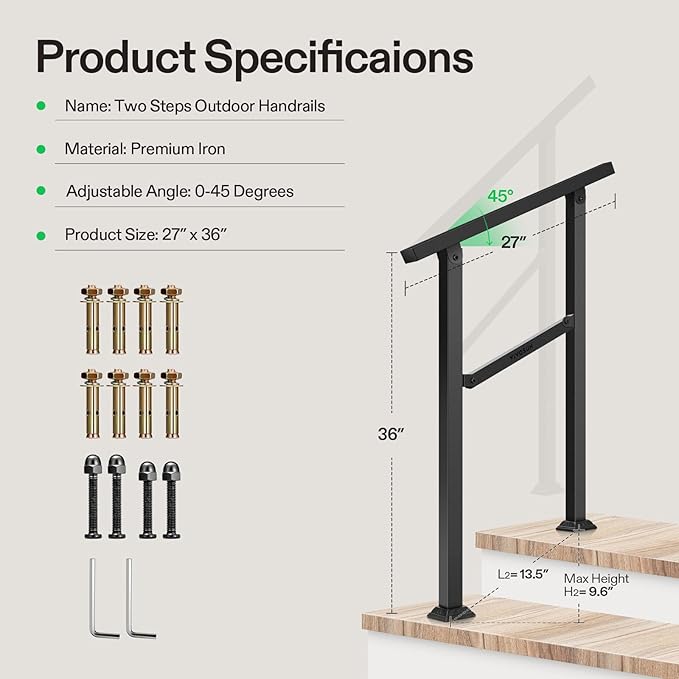 VIVOSUN Outdoor Handrail, 2 Step Stair Handrail, Wrought Mattle Iron Handrail