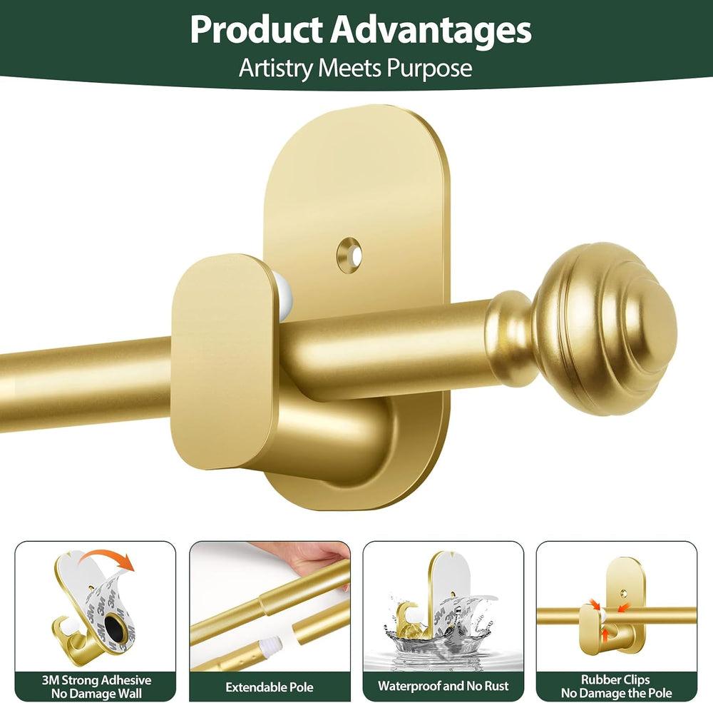 KAMANINA Curtain Rods No Drilling 2 Pack 32-58", 3M Adhesive Brackets, Gold