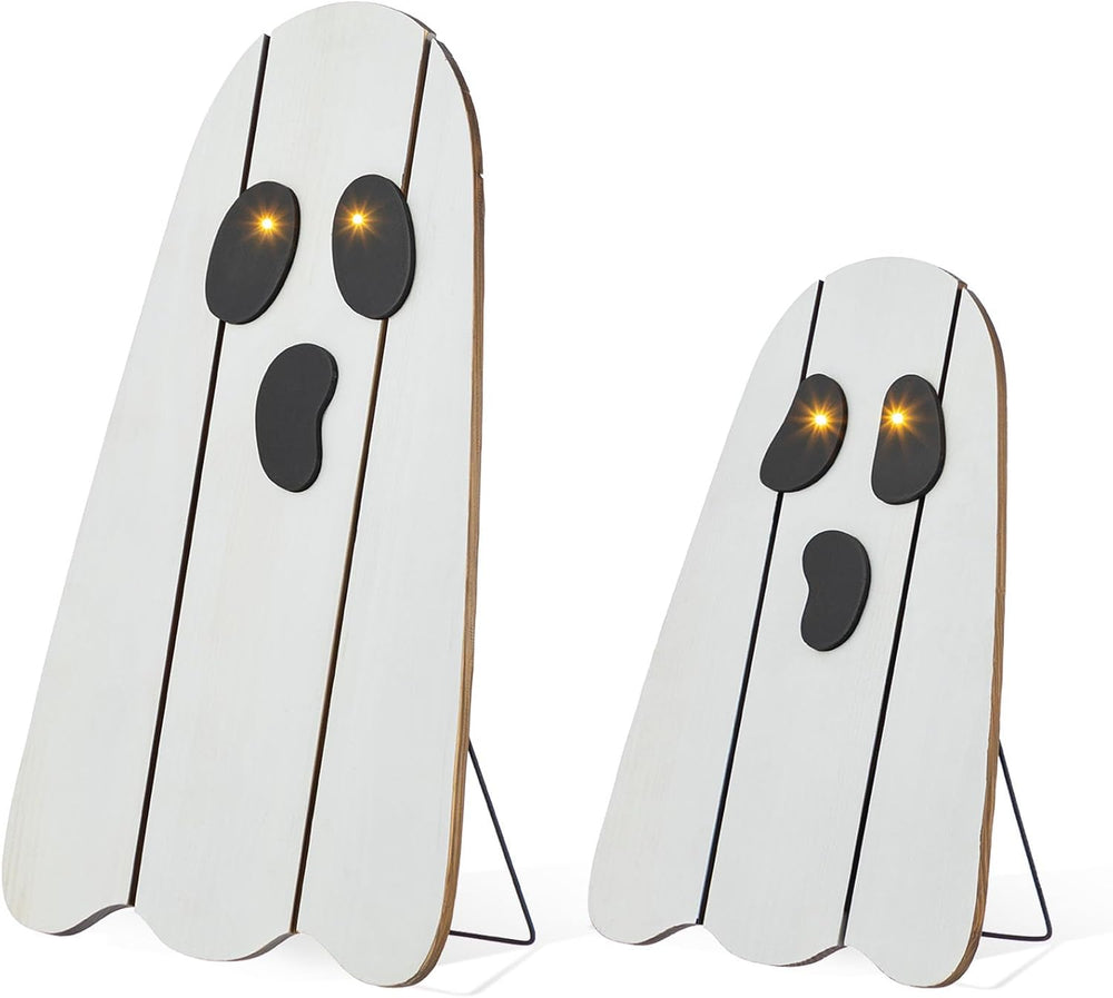 Glitzhome Set of 2 Halloween Lighted Wood Ghost Porch Decor - 24" H &amp...