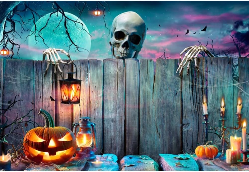 Renaiss 10x8ft Halloween Backdrop Skeleton Pumpkin Lantern Wooden Spooky Nigh...