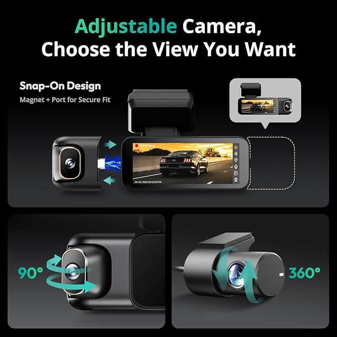 4K 3 Channel Dash Cam Front and Rear/Inside, 360°Dash Camera