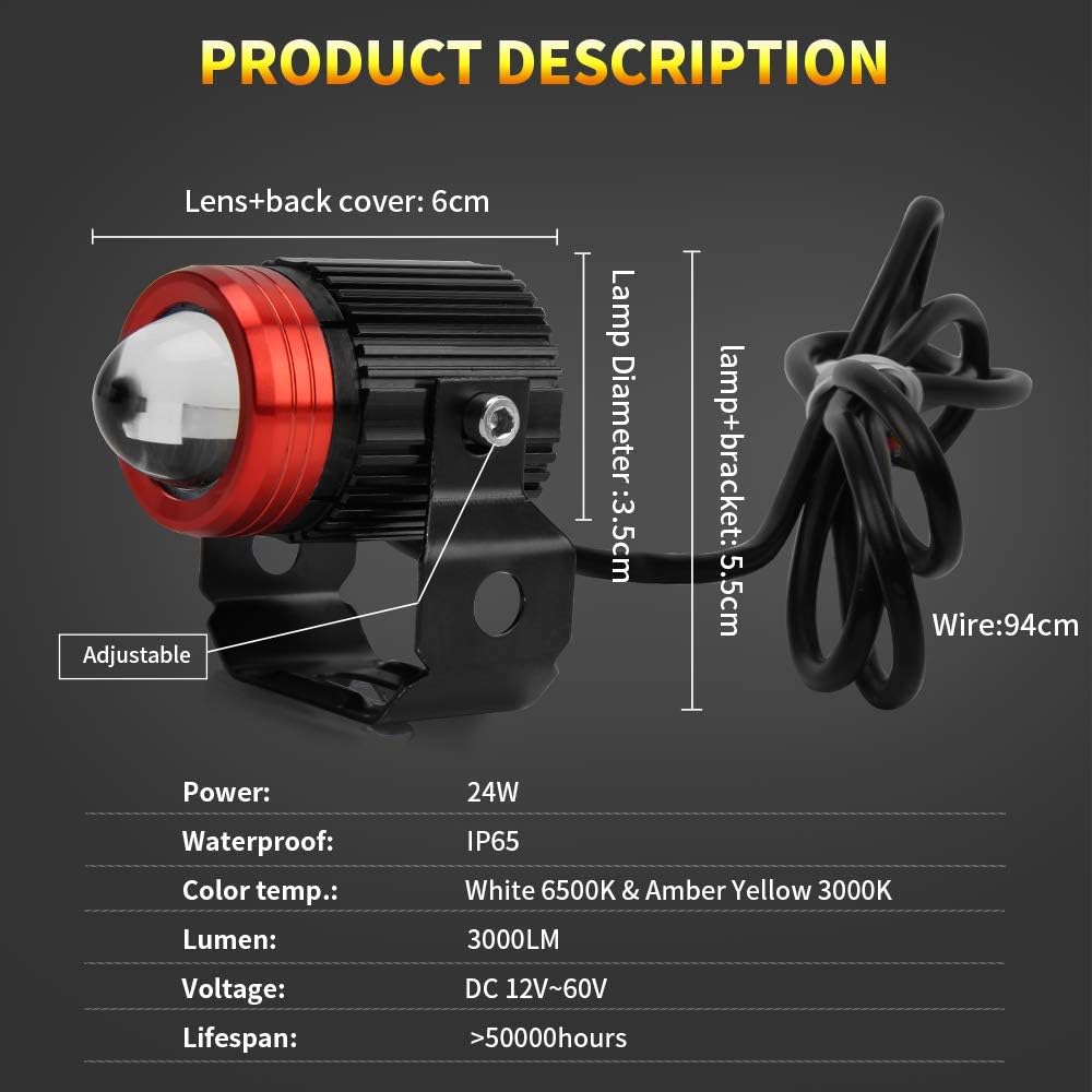 OPP ULITE Motorcycle Led Fog Lights 3000K Amber Yellow 6500K White Driving Li...