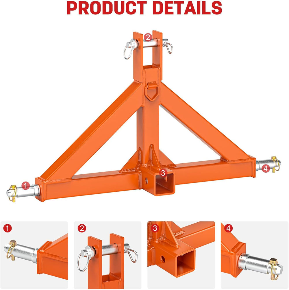 3 Point Trailer Hitch with 2" Receiver for Cat.1 Tractor Quick Hitch Orange