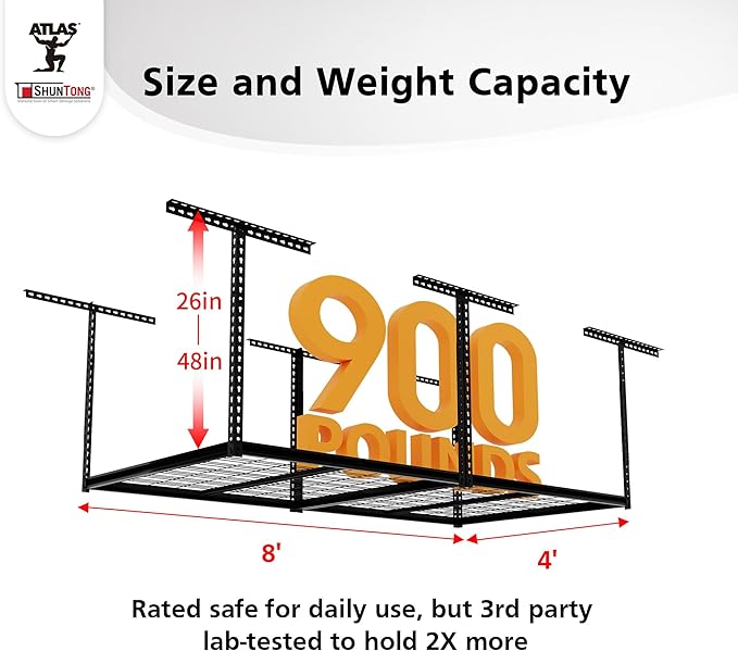 The Atlas 4 x 8 ft Adjustable Height Overhead Garage Storage Rack 900 lbs Heavy