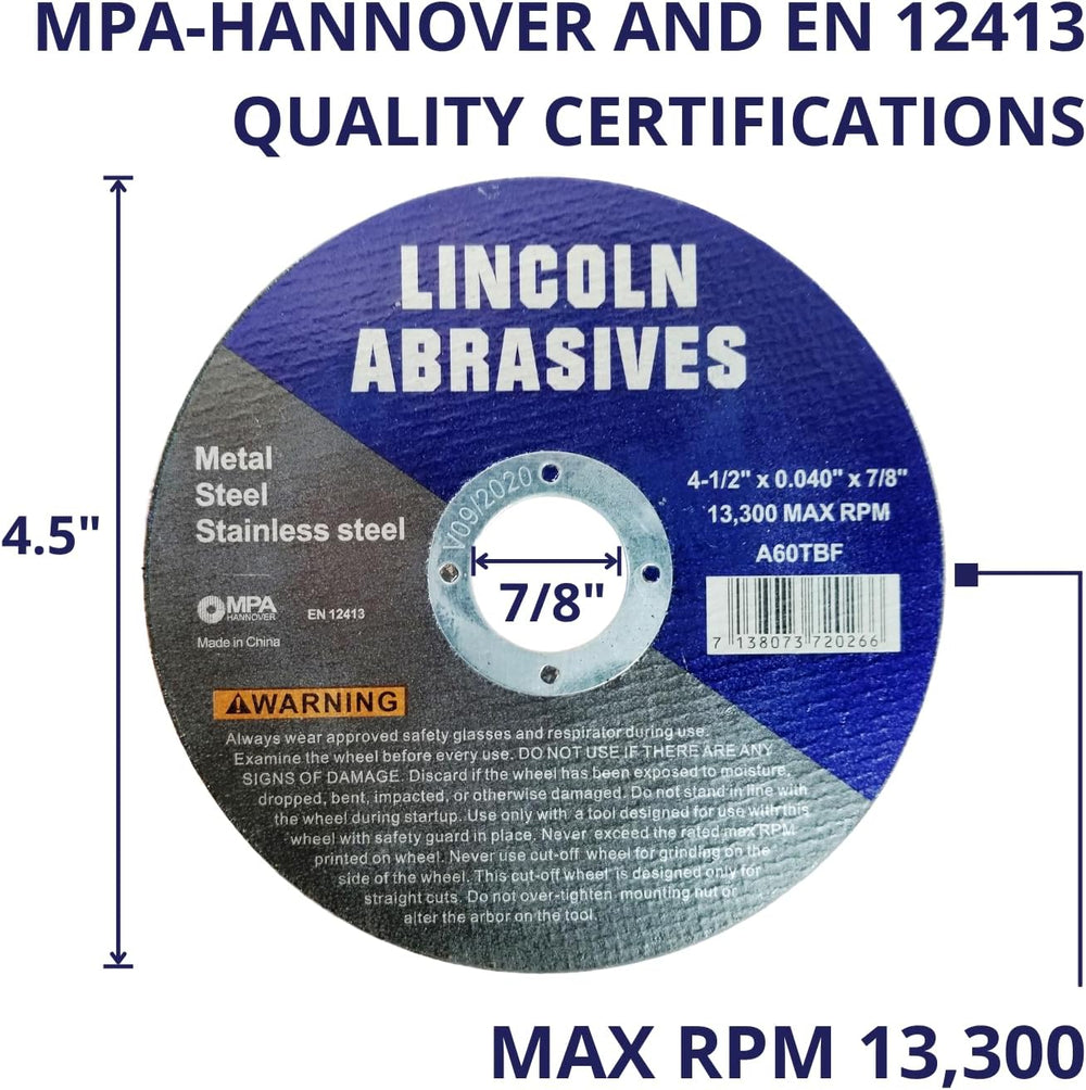 400 Pack 4.5" Cut-Off Wheels Lincoln Abrasives .040" Metal & St...