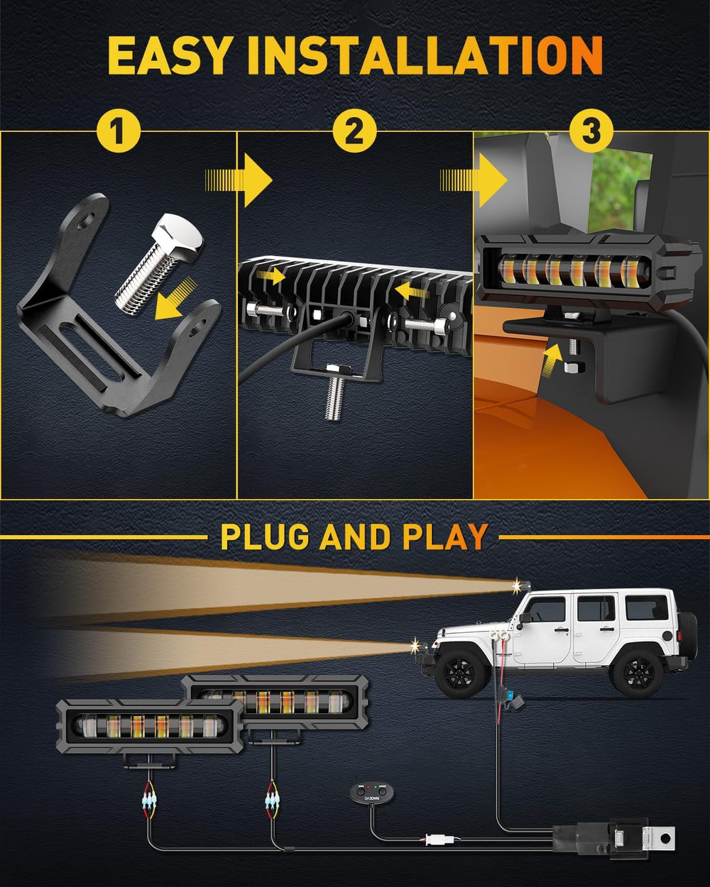 NAOEVO 6 Inch White Amber LED Light Bar, Lens Spot LED Fog Lights, 3-Mode