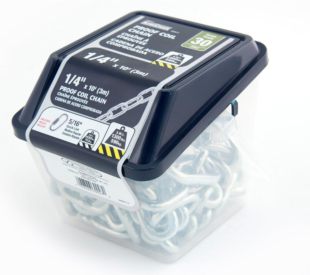 KingChain | 1/4-in x 10 ft Zinc-Plated Proof Coil Chain, Grade 30, 1300 lb