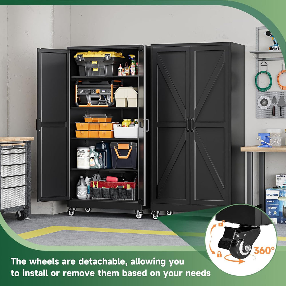 Letaya Metal Garage Storage Cabinet with Wheels,72" Black Tool Steel Locker