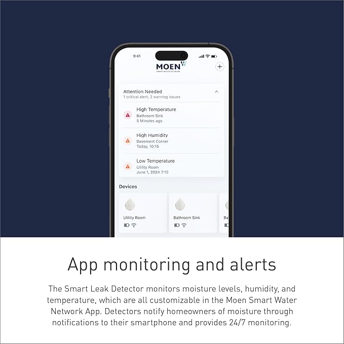Moen Flo Smart Water Leak Detector, Drip or Flood Sensor Alarm