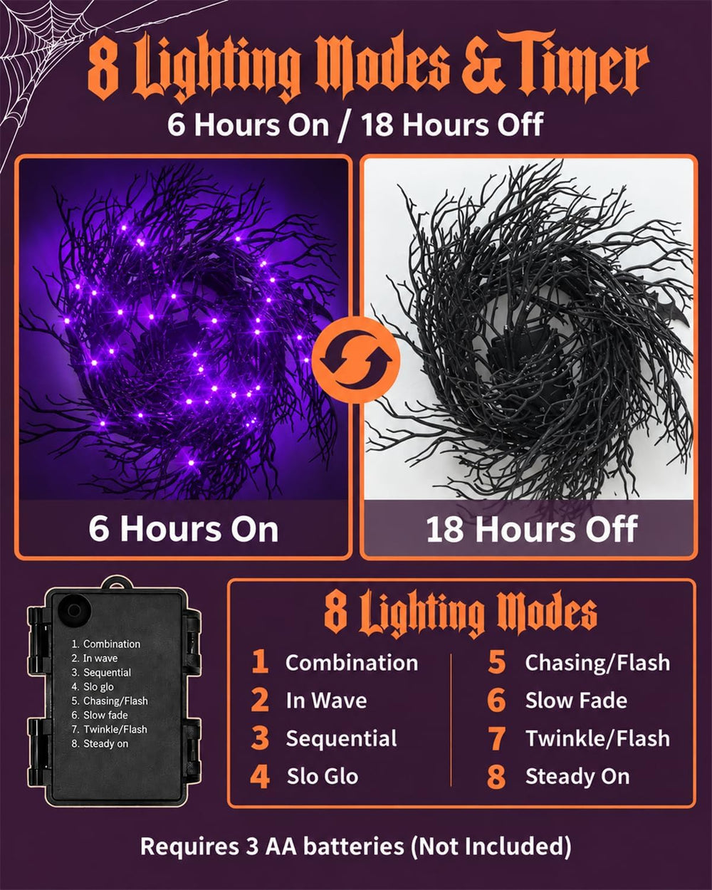 Halloween Twig Garland Decoration with 45 Purple LED Lights, 9 FT