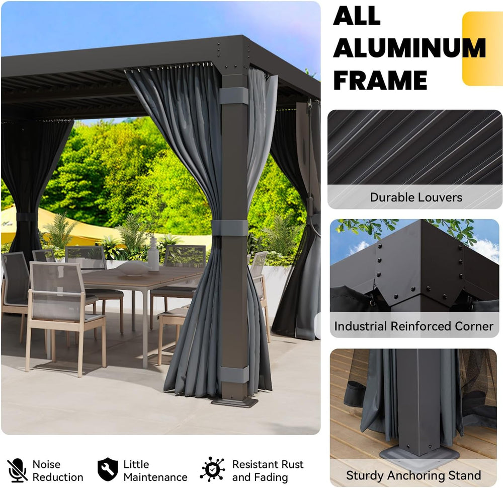 10x20 Louvered Pergola Adjustable Roof w/Curtains & Mesh
