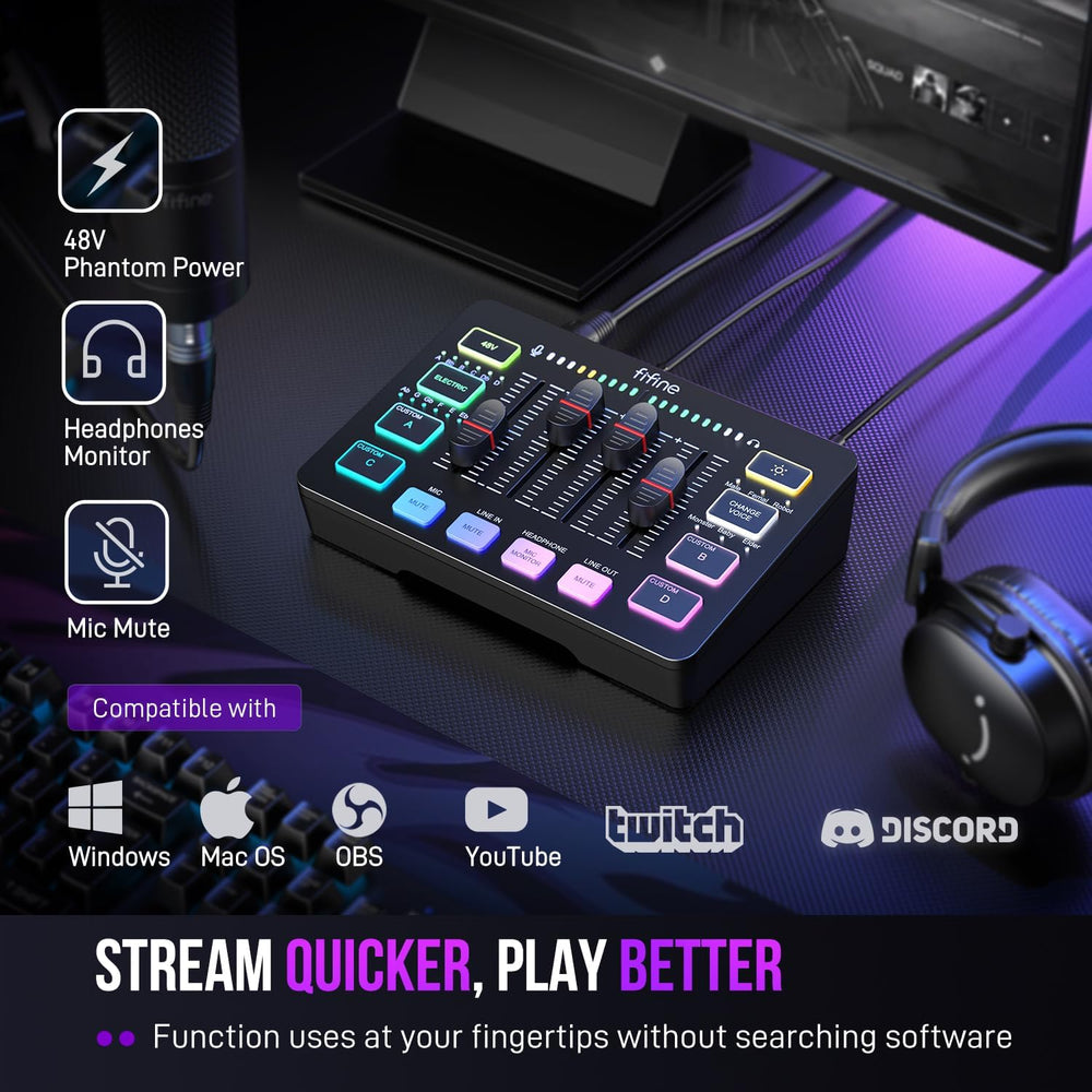 FIFINE Ampligame SC3 Gaming Audio Mixer with Indi-Fader and Volume Control