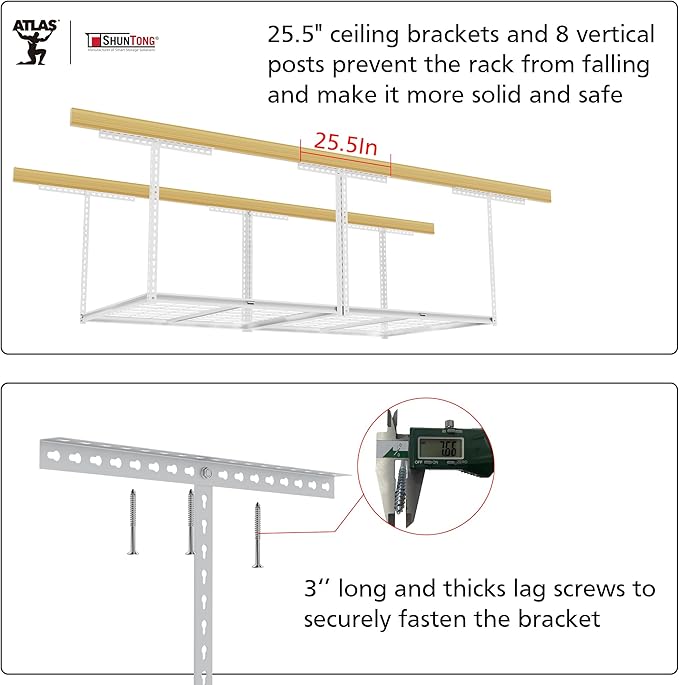 The Atlas 4 x 8 ft Adjustable Height Overhead Garage Storage Rack 900 lbs Heavy