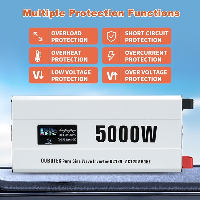 5000 Watts Power Inverter Peak 10KW, Pure Sine Wave 12V DC to 120V AC Off Grid