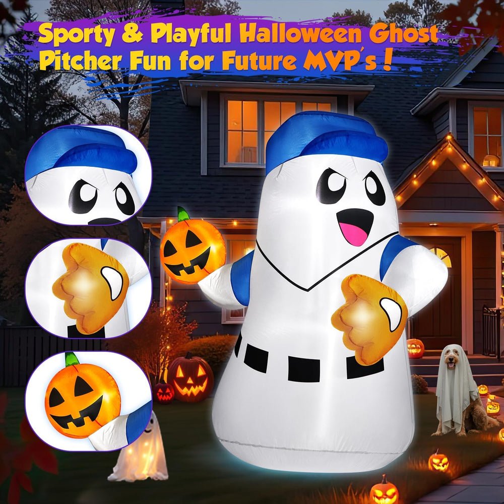 5FT Halloween Inflatables Ghost Pitcher with Pumpkin Baseball, Halloween Deco...