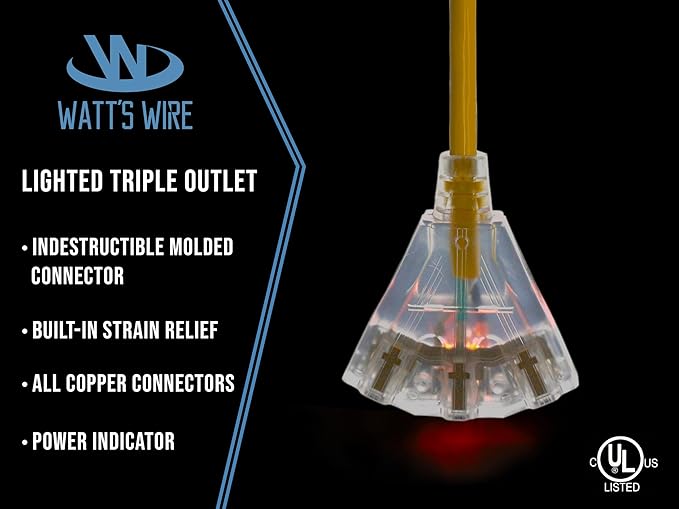 25 ft - 12 Gauge Heavy Duty Extension Cord - 3 Outlet Lighted SJTW -