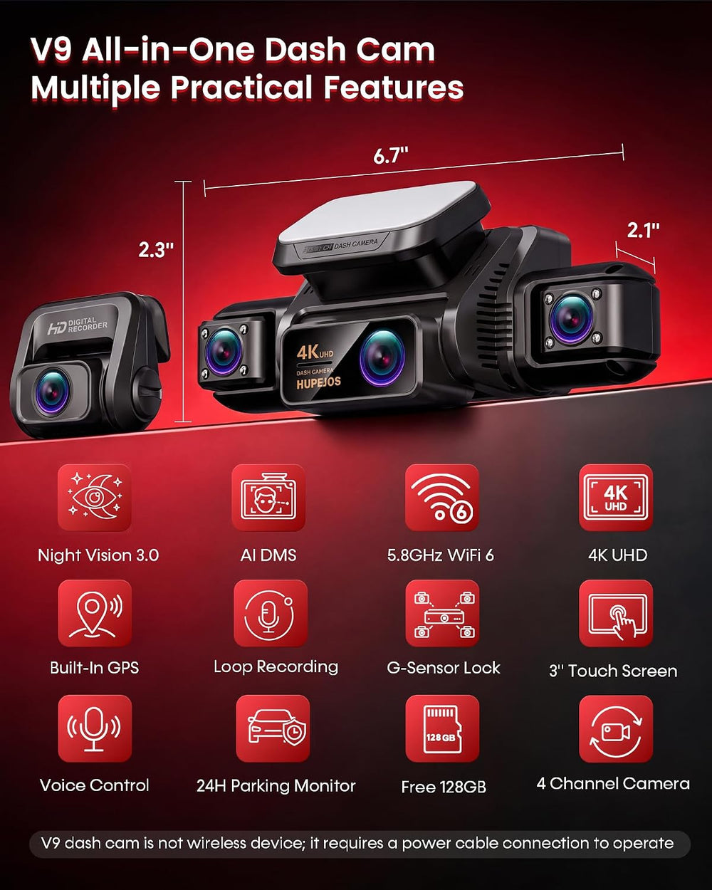 HUPEJOS AI 4K Dash Cam Front and Rear, 360° View 4 Channel Camera for Car