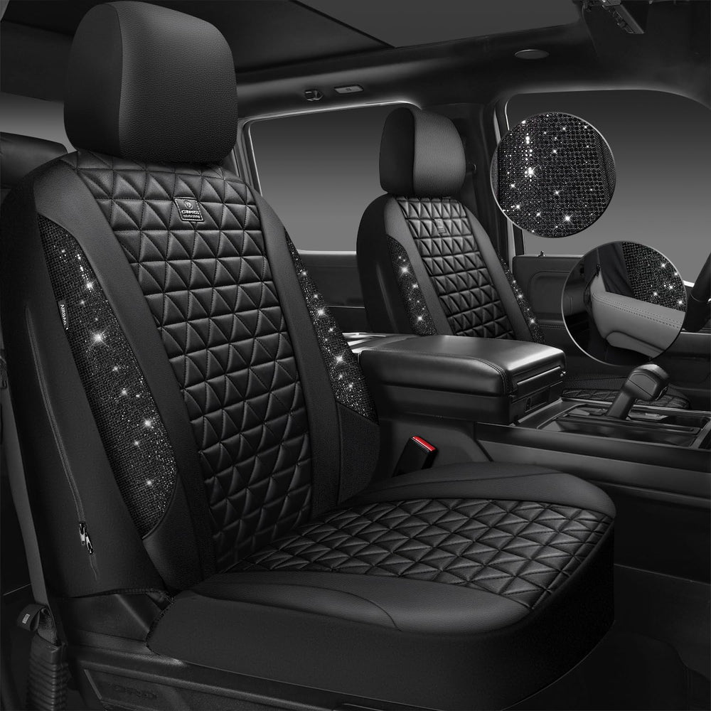 CAR PASS Bling Diamond Leather Car Seat Covers 2 Front Seats Interior Sets, W...