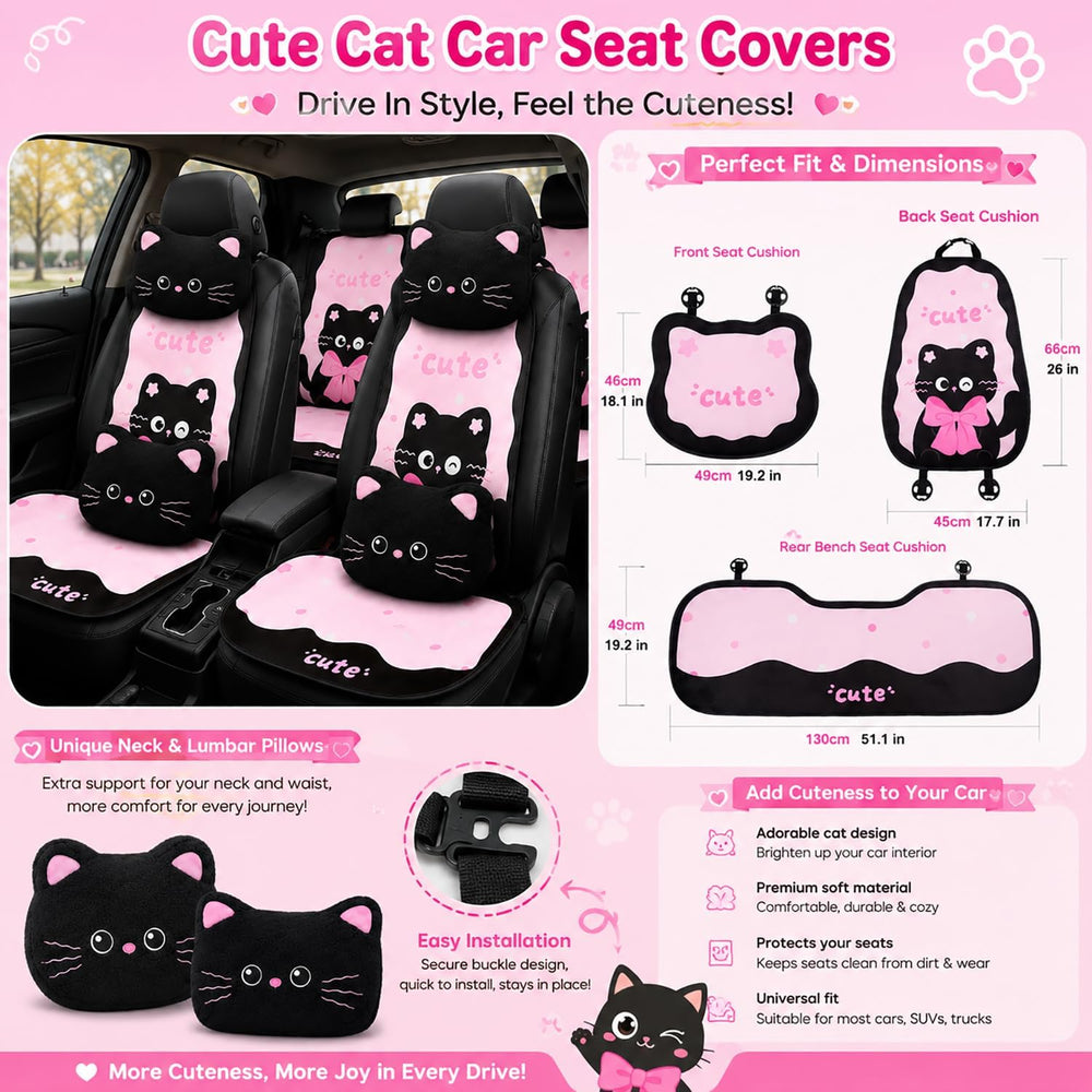 Cute Cat Car Seat Covers For Daily Commutes And Women's Car Decor-11PCS