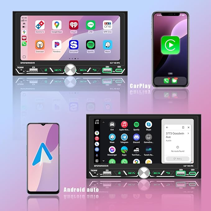 Wireless Apple CarPlay, Double Din Car Stereo, FM AM Car Radio, HD 1280*600