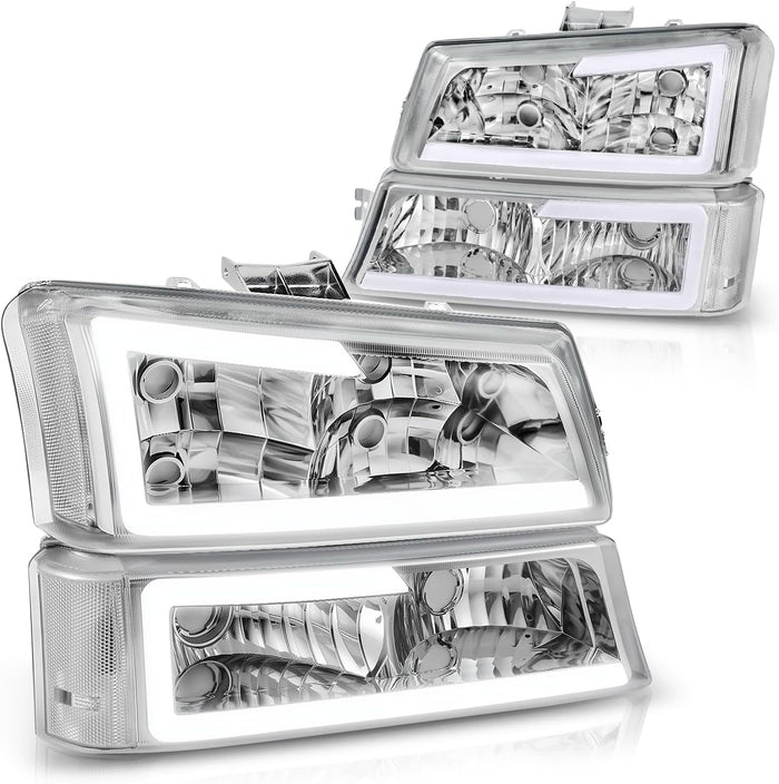 Auto Dynasty 4PCS LED DRL Headlight Lamps Compatible with Chevy Silverado Avalanche 1500 2500 3500 03 04 05 06 / Chevy Silverado Classic Models 07, Driver and Passenger Side, Chrome Housing Clear Lens