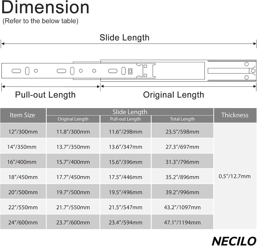 NECILO 12 Inch Push to Open Slides, 100lb Full Ext Ball Bearing, 5 Pairs