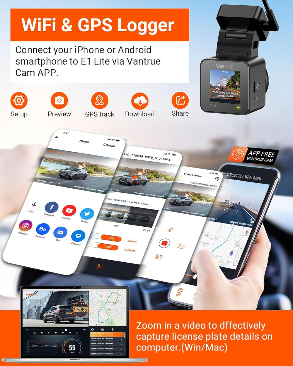 Vantrue E1 Lite 1080P Mini Dash Cam, 60fps HDR Night Vision Car Camera