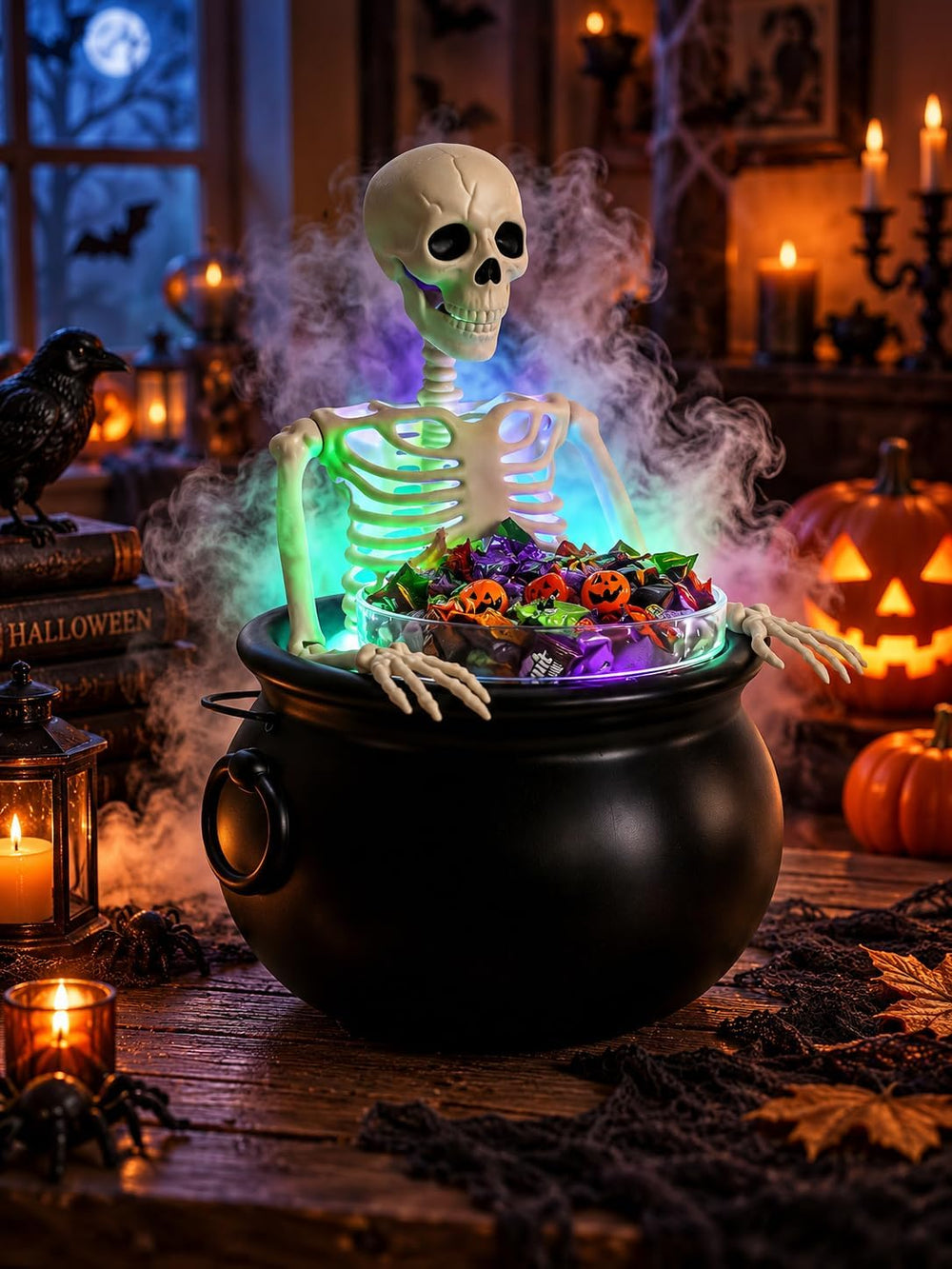 HOMELEX Halloween Cauldron Candy Bowl with Skeleton, LED Mist Maker Decor for...