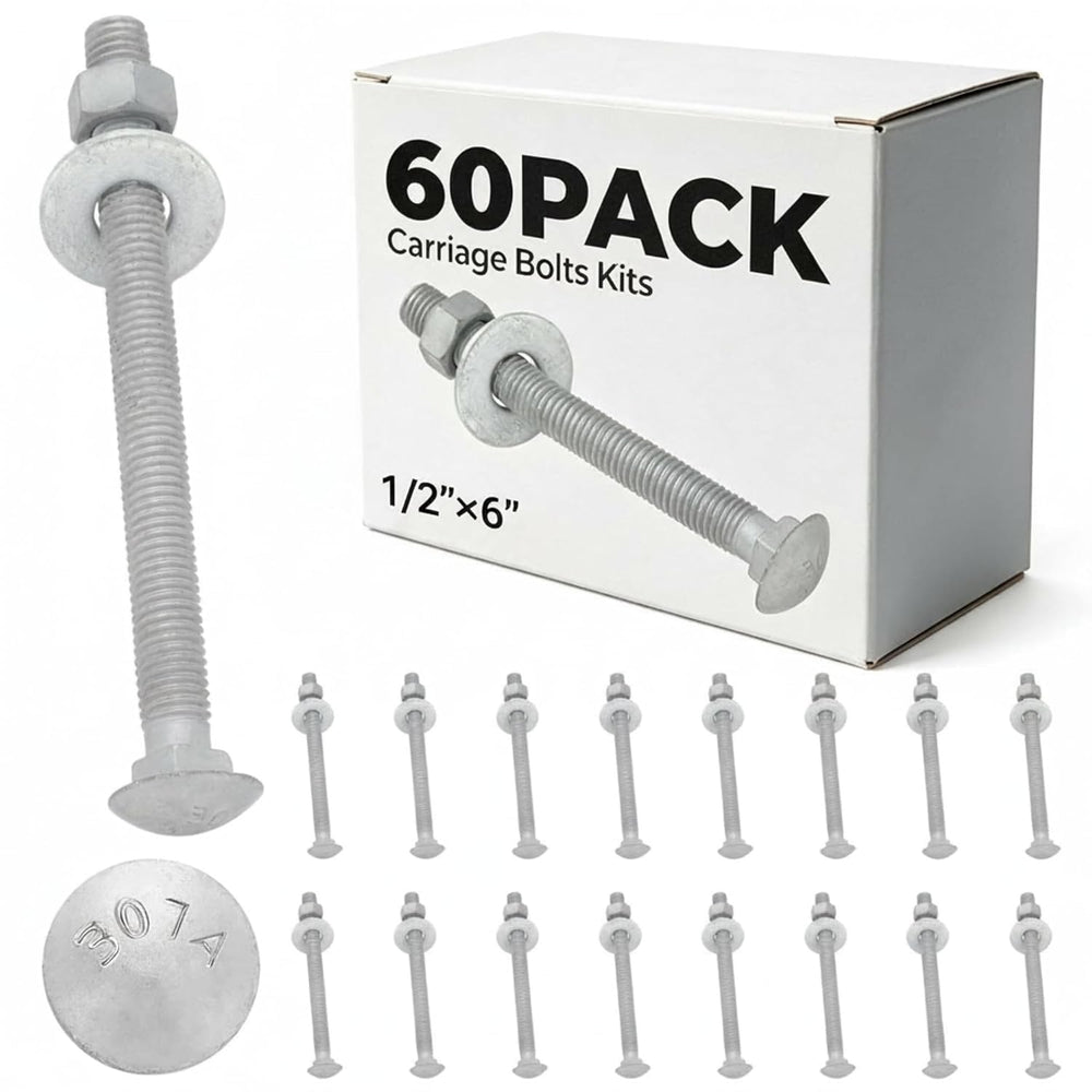 Therwen 60 Pack 1/2" x 6" Carriage Bolts Kits Grade 307A 1/2" USS