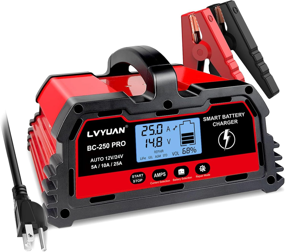 LVYUAN 25Amp Smart Car Battery Charger, 12V/24V Automotive Charger, Lead-Acid
