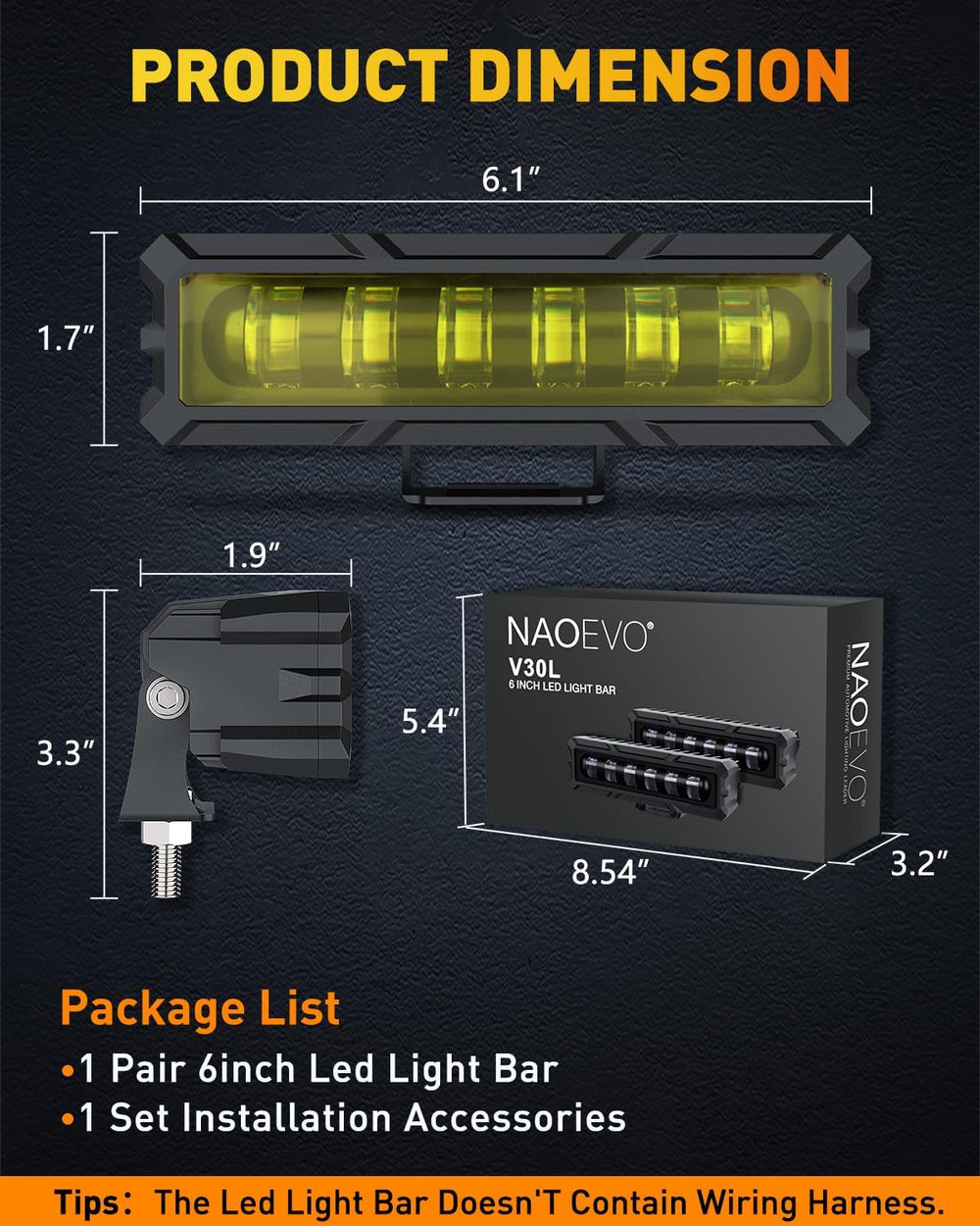 NAOEVO 6 Inch Yellow LED Light Bar, Lens Spot LED Fog Lights, Yellow