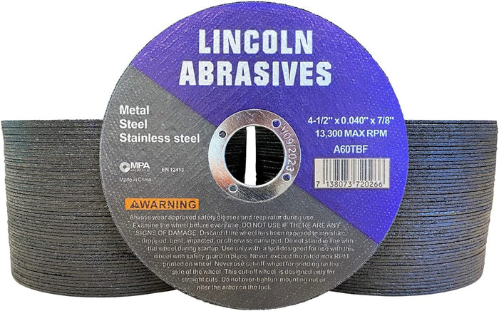 100 Pack 4.5" Cut-Off Wheels Lincoln Abrasives .040" Metal & Stainless Steel