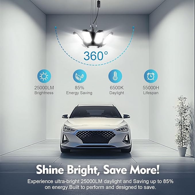 TANBABY Upgrade 250W LED Garage Lights Plug in 2 Pack, Total 50000LM Deformable