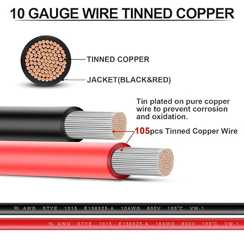 10 Gauge Wire - iGreely 100 FT Red & 100 FT Black 10 Gauge Tinned Copper
