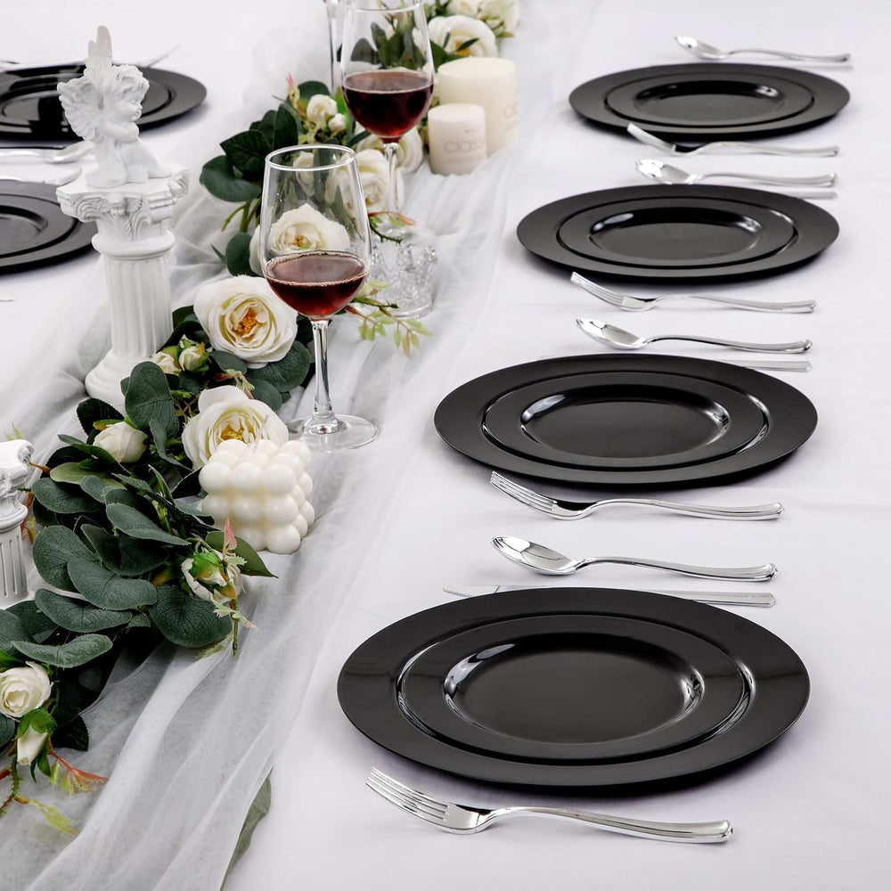 FLOWERCAT 100PCS Black Plastic Plates - Heavy Duty Black Disposable Plates fo...