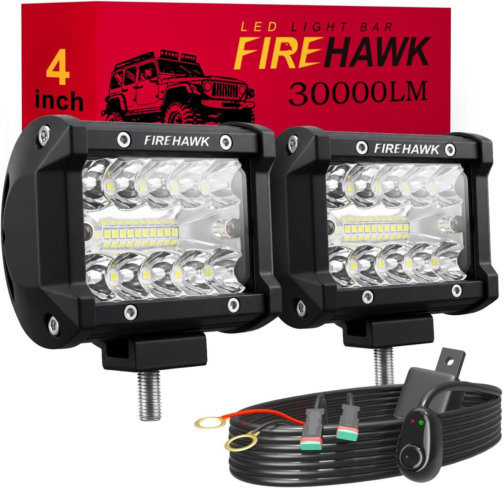 Firehawk LED Light Pod Bar 4 Inch 30,000LM 2PCS, 2026 New Japanese Chips, Spo...