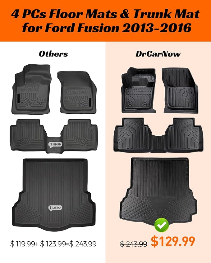 for 2016-2013 Ford Fusion Floor Mats Cargo Liner S SE Titanium Rubber Trunk