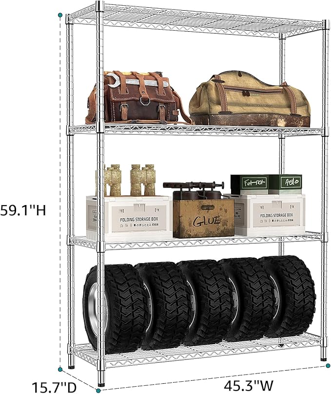 IZEUK 1400 LBS Garage Chrome Shelving Wide Storage Shelves 4 Tier Adjustable