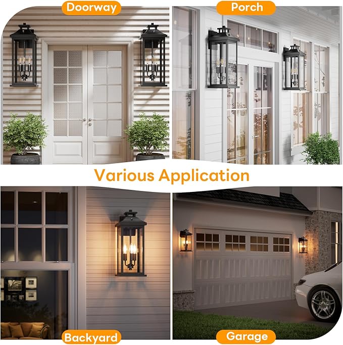 20" Large Dusk to Dawn Outdoor Lights 3-Light, 2 Pack Black Modern Exterior