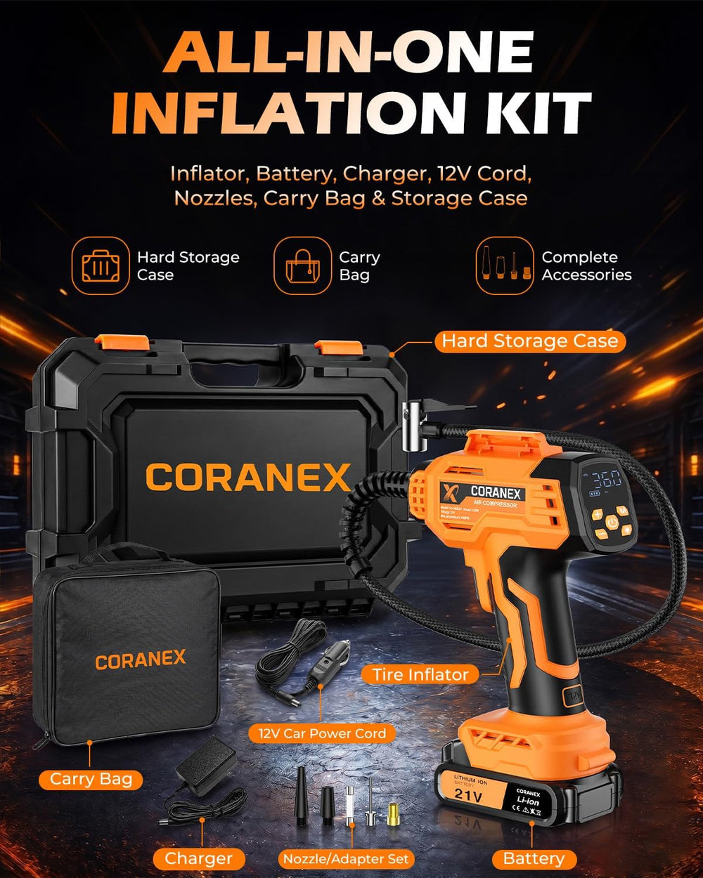 Tire Inflator Portable Air Compressor | 21V Battery and 12V Cord