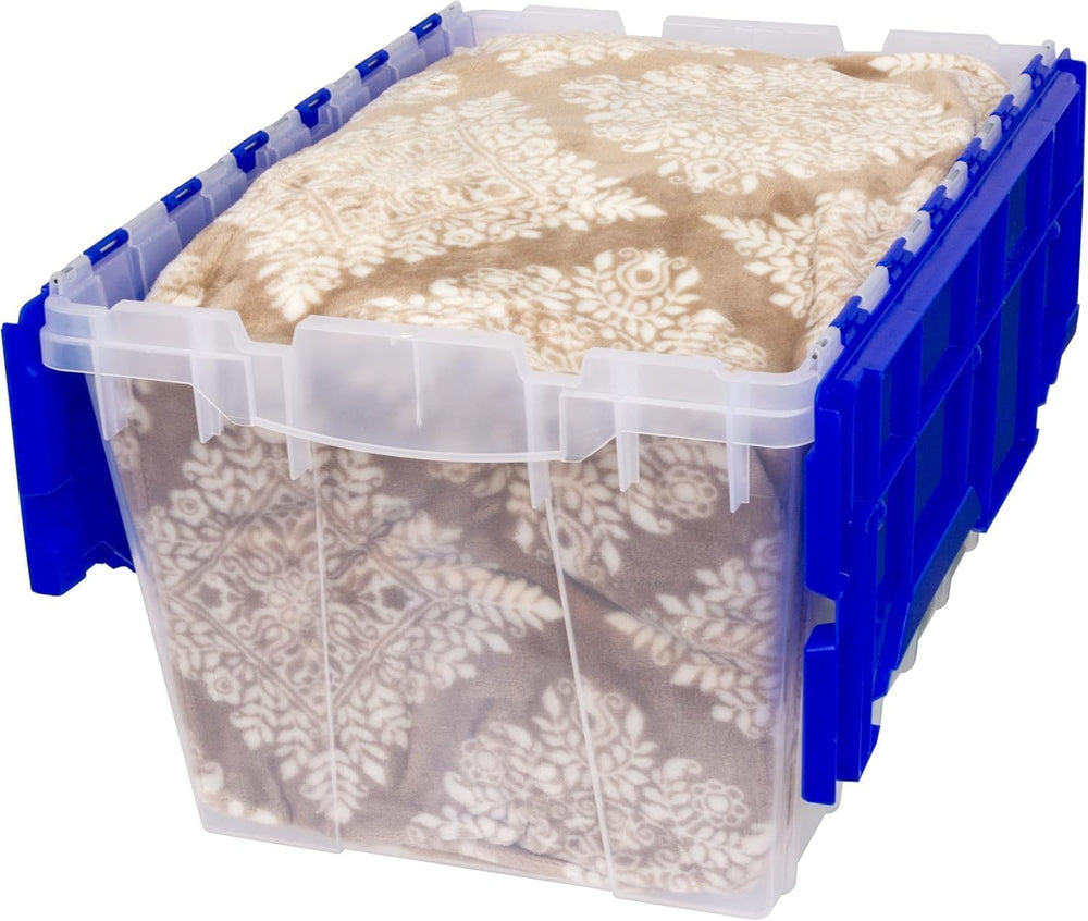 Akro-Mils KeepBox 12 Gal Storage Box, Lid Attached, Stackable, Clear/Blue