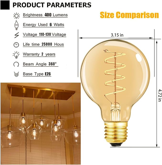 Leools Vintage LED Spiral Filament Bulb G25/G80 Dimmable Flick-Free 6W CRI95 ...