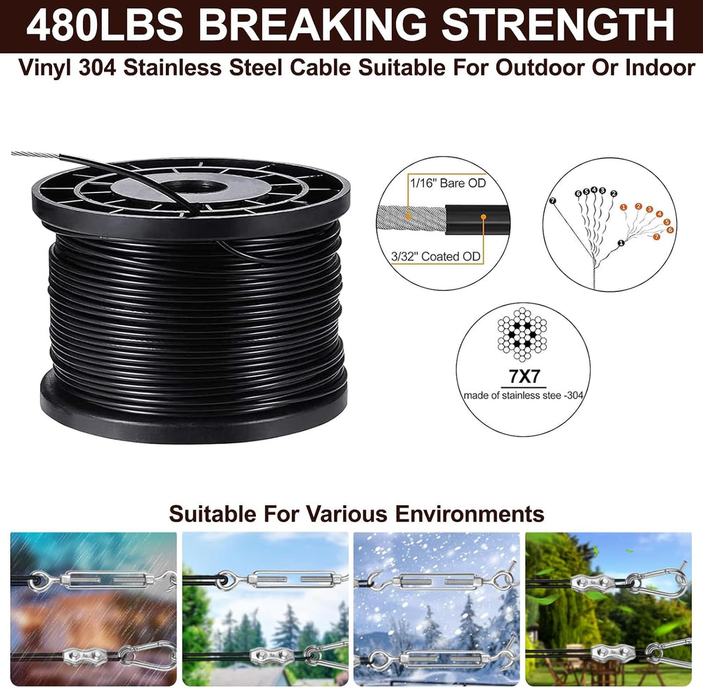 String Light Hanging Kits, 450FT Coated Stainless Steel 304 Wire Rope, Outdoo...