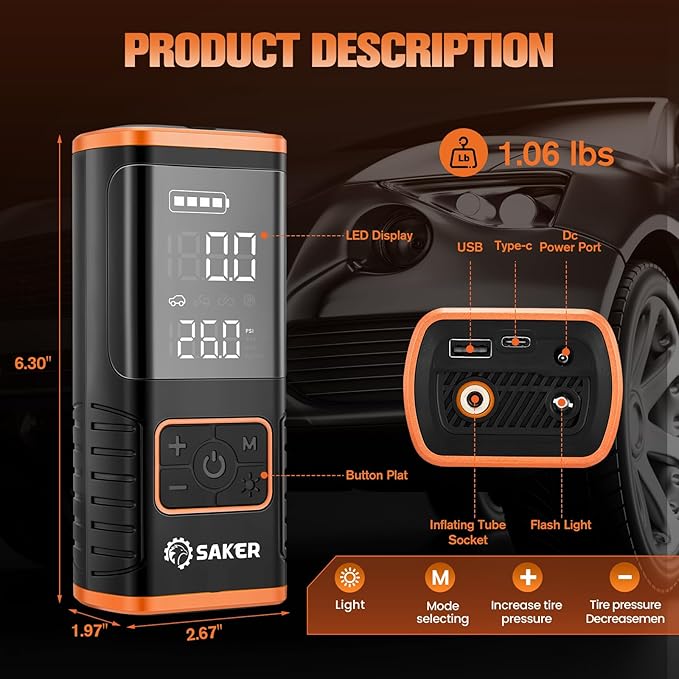 Saker Tire Inflator Portable Air Compressor